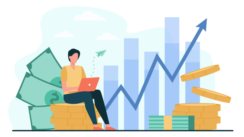 Investor with laptop monitoring growth of dividends. Trader sitting on stack of money, investing capital, analyzing profit graphs. Vector illustration for finance, stock trading, investment concept